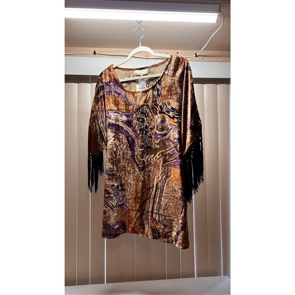 COTTON CLUB BROWN VELOUR PAISLEY SHIRT FRINGE SLEEVES SIZE 10 NEW - Picture 3 of 12